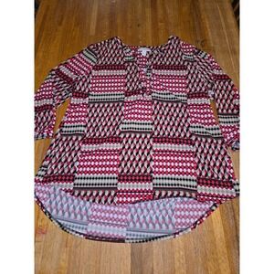 Dana Buchman Women XL Red Black Tan Henley Geometric Diamond Hi-Lo Stretch Tunic